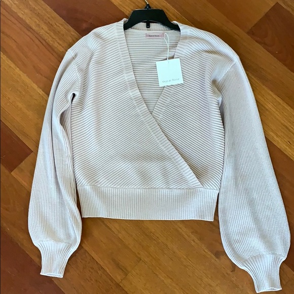 Beige Deep V Cross Over Tie Up Sweater Puff Sleeve IK10 - Picture 8 of 9